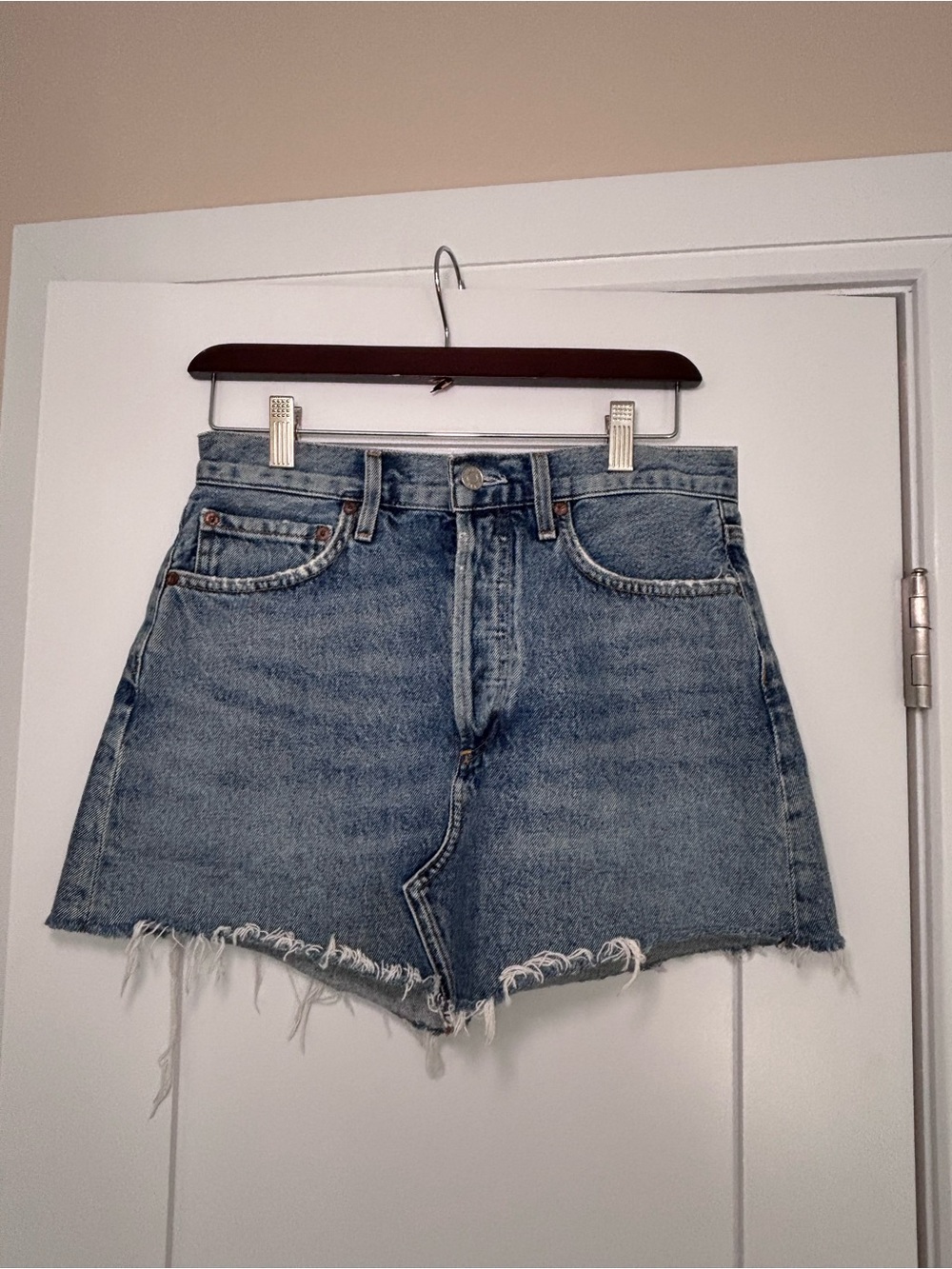Agolde Light Blue Distressed Denim Mini Skirt